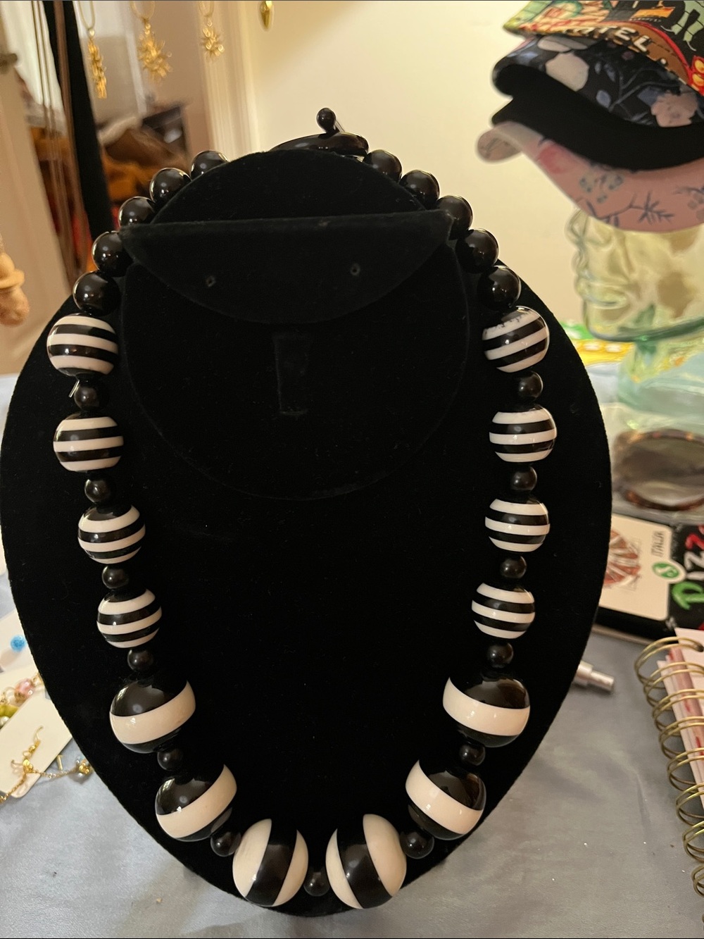 #54 Handmade by Italian Artist Black & White Striped Bead Necklace